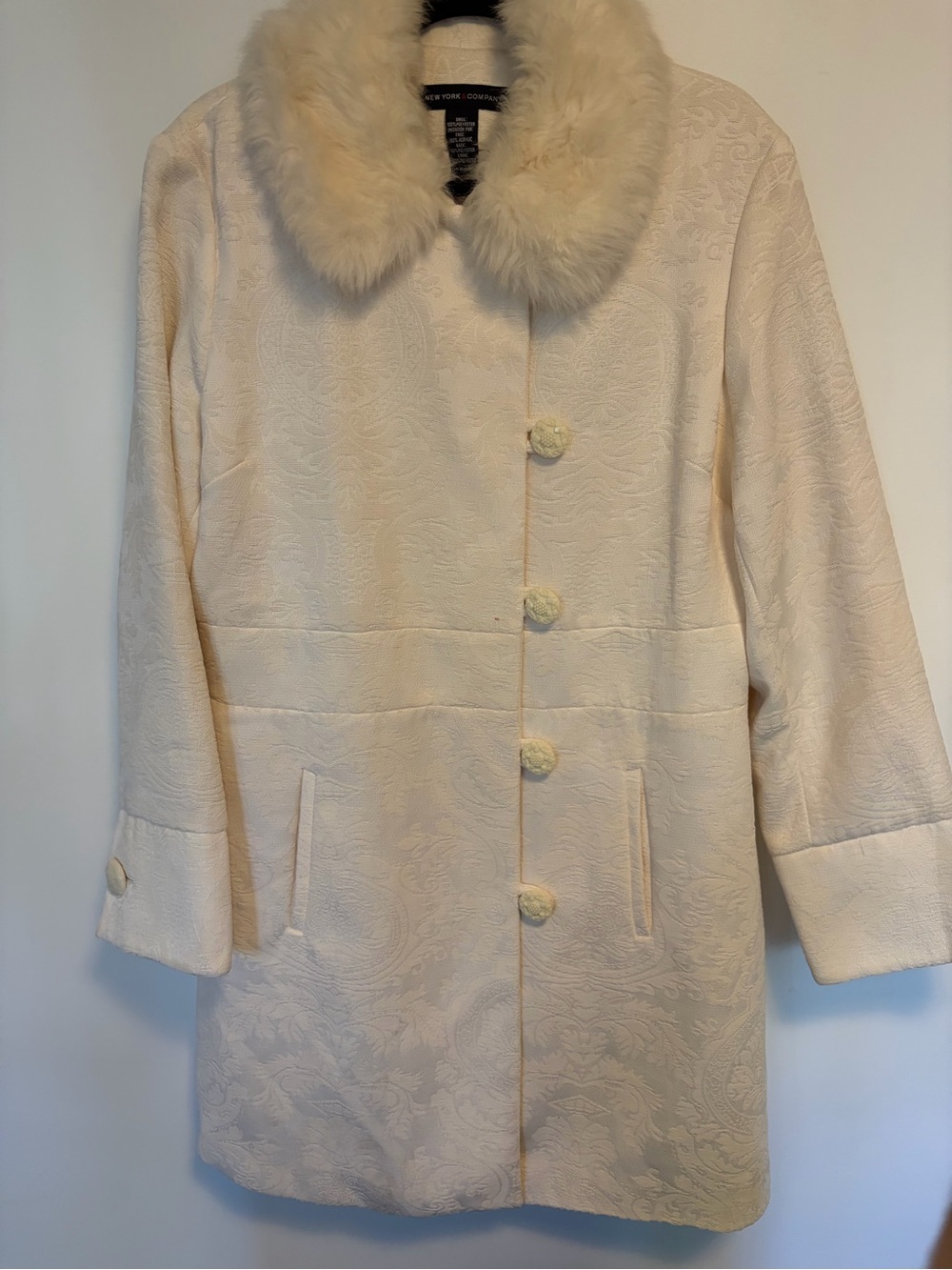 New York & Company Cream Brocade Pea Coat with Faux Fur Collar